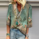 Naiste s&auml;rgipluus vabaaja s&auml;rgid 3/4 varrukatega tr&uuml;kitud V-kaelusega topid T-s&auml;rgid T-s&auml;rgid L valge