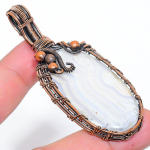 Natural Blue Lace Agate Gemstone Handmade Copper Wire Wrap Pendant 2.96 c7y95