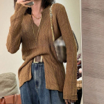 Prantsuse V-kaelusega pikkade varrukatega kootud kampsun, ainulaadne ja ilus kampsuni alus koos &uuml;laosaga S aprikoosi