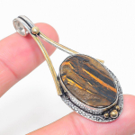 Natural Tiger Eye Gemstone Two Tone 925 Sterling Silver Pendant 2.48 k1q40
