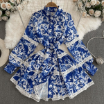 Kevad S&uuml;gis Naiste Laterna Varrukas Prindi Pitsi Patchwork &Scaron;ikk Boho Kleit Elegantne Peokleit M sinine