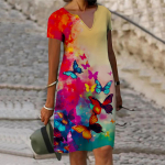 Suvine moodne V-kaelusega naiste kleit l&uuml;hikeste varrukatega Briljantne lendav liblikatega, tr&uuml;kitud kleit, vaba vabaaja kleit naistele XS punane