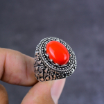 Natural Red Coral Gemstone Handmade 925 Sterling Silver Jewelry Ring Size 9 o2z19