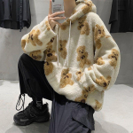 Meeste V&auml;ike karu mustriga karvane kapuuts Talvine soe pl&uuml;&uuml;sis magusad pulloverid Vintage Korea stiilis lahtine kampsun 3XL aprikoosi