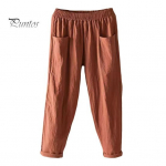 Elastne v&ouml;&ouml;koht laia s&auml;&auml;rega haaremip&uuml;ksid naiste puuvillane linane vabaaja vintage vaba &uuml;hev&auml;rvilised taskud suvep&uuml;ksid 4XL kollane