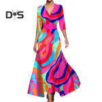 S&uuml;gis-kevadine maksikleit, ristikujulise V-kaelusega, kolmveerandvarrukatega, v&auml;rvilise mustriga, A-l&otilde;ikeline, suurte &otilde;&otilde;tsumistega, kitsa v&ouml;&ouml;kohaga, kohtingupidulik pikk kleit L mitmev&auml;rviline