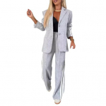 2 tk/komplekt Lady pidulik mantli p&uuml;kste komplekt, alla keeratav krae &Uuml;herealine pikkade varrukatega jope Lahtised triibulised laia s&auml;&auml;rega p&uuml;ksid vabaaja igap&auml;evane kandmine t&ouml;&ouml;le s&otilde;itmiseks L helehall v&auml;rv