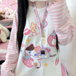 Y2k Harajuku Cuteore T-s&auml;rgid Naiste Jaapani Stiilis Magus Triibuline Lapitehnika Multifilmiprint Lahtine Dressipluus Pehme T&uuml;druk S roosa