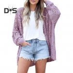 Naiste kootud kootud mantel, lahtised pikkade varrukatega puhast v&auml;rvi kudumid kardigan keskmise pikkusega lahtine elastne kevadine s&uuml;gisjope S beež