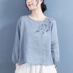 Women's Retro Literary Embroidered Long-Sleeve Shirt, Large, 2024 Spring/Autumn, Chinese-Style Slim Fit Top