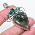 Natural Indian Moss Agate, Green Topaz 925 Sterling Silver Pendant 2.52 p4r79