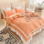 Elegantnepitsist voodipesukomplektid Luksuslik voodipesu Printsessi pestud puuvillane volangidega tekikott Voodilina ja padjap&uuml;&uuml;rid T&uuml;drukule Luksus 150x200cm 4pcs oranž