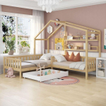 Kodune voodi sahtlite ja riiulitega, piire ja lippidest alus, L-kujuline voodiraam, (90x200 cm + 140x70 cm)
