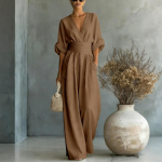 Naiste Laiade Jalgadega Elegantne V&ouml;&ouml;kohta Kitsendav V-kaelusega Jumpsuit XL pruun