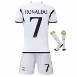 Real Madrid Ronaldo 7 Laste Jalgpallis&auml;rgi Komplekt Valge L&uuml;hikeste Varrukatega S&auml;rk L&uuml;hikesed P&uuml;ksid Sokid Noorte Jalgpalli Komplekt Kingitus 100-110 CM