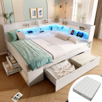 Diivanvoodi 140x200 cm Valge Kahekohaline K&uuml;lalisevoodi, Puidup&otilde;hine, LED-valgustus, USB ja Type-C laadimine, Riiulid ja Sahtlid, sh. Liistraam (Madratsiga) 223 x 162 x 95 cm valge