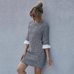 Naiste s&uuml;gisene kevadine vabaajakleit puusa l&uuml;hike minipliiats, liblikas varrukas, k&otilde;rge v&ouml;&ouml;kohaga O-kaelusega ruuduline lapiline must S-XL S must