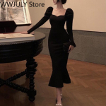 2021. aasta talvine vintage merineitsi kleit naiste &otilde;huke peokleit Korea moodne pikkade varrukatega must Y2k Midi kleit Daami elegantne S must