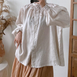 Johnature Vintage naiste topid Pluusid Kevad-s&uuml;gis volangidega krae lips lahtised lihtsad naiste s&auml;rgid One Size beež