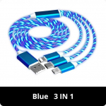 3-&uuml;hes 3A kiirlaadimine helendav LED-valgusti mikro-USB-t&uuml;&uuml;pi C-kaabel iPhone'i jaoks Samsung Xiaomi Redmi telefonilaadija USB-kaabel 1.2m sinine