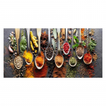 K&ouml;&ouml;giteemaline seinakaunistus V&auml;rvilised v&uuml;rtsid ja lusikas laual, l&otilde;uendimaalid Toiduvalmistamise koostisosad L&otilde;uendikunstitr&uuml;kis Dekoor 20x40cm