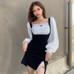 Kontrastne v&auml;rv ruudukujuline kaela pits pits mull varrukas l&otilde;hikuga kleit talje salendav S must