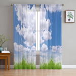 Sinine taevas Valged pilved rohumaa t&uuml;ll aken kardinad elutuba organza l&auml;bipaistev voile kardin Magamistuba k&ouml;&ouml;k Kodukaunistus kardin W135 x H115cm x1