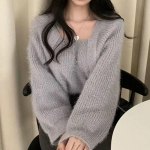 Pullover Naiste Korea &scaron;ikk S&uuml;gis/Talvine Prantsuse v&otilde;lts Kaheosaline ruudu kaelusega kootud kampsun Avara pikkade varrukatega kampsun Pullover One Size hall v&auml;rv
