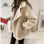 Talvine uus &scaron;ikk lahtine kunstnahast seemisnahast jakk Naiste l&uuml;hike lambanahast bikerjakk Talvine vabaaja soe mantel S khaki