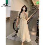 Suvine uus V-kaelusega volangidega kleit Prantsuse stiilis &otilde;rn elegantne &uuml;hev&auml;rviline salendav l&uuml;hikeste varrukatega pikk kleit S beež