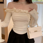 Coquette Beež Crop T-s&auml;rgid Naised Y2k Fairycore Ruffles V&otilde;rk Patchwork pikkade varrukatega topid Korea stiilis &otilde;hukesed korseti t-s&auml;rgid S beež