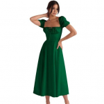 Women Dress Square Neck Tiered Ruffles Short Sleeves Solid Color Tight High Waist A-line Pleated S roheline