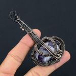 Natural Amethyst Lace Gemstone Handmade Copper Wire Wrap Guitar Pendant 3.1 v4t92
