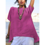 Kevadsuvi &uuml;hev&auml;rviline puuvillane linane s&auml;rk vabaaja ebakorrap&auml;rase kandiga l&uuml;hikeste varrukatega pluus, avara kaelusega naiste topp L sinine