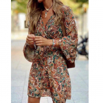 Naiste suvekleit V kaelusega l&uuml;hikeste varrukatega lilledega tr&uuml;kitud vabas vormis S pruun