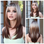 ALAN EATON s&uuml;nteetilised parukad, pikad sirged kihiline soeng Ombre tumepruun blond hall tuhkpunane tukkidega naiste parukas