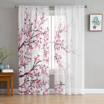 Cherry Blossom ploomioksad roosad valged &scaron;ifoonist l&auml;bipaistvad kardinad elutuppa magamistoa kaunistamiseks akna Voiles t&uuml;llkardin W135 x H115cm x1&Rod Pocket