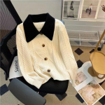 YYFS Damska moda swobodna jesień zima jednolity kolor nadruk długi rękaw POLO swetry Size: One Size valge