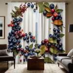 2 tk HD mustika punase vilja oksa lehe kaunistusega kardin Valge lips digitaalselt tr&uuml;kitud kardin Kodu kaunistamise stiil Decora W52H63inchW132H160cm