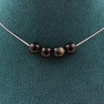 Pierres et Min&eacute;raux. Collier 4 perles Obsidienne dor&eacute;e 8 mm. Chaine en acier inoxydable Collier femmes, hommes. Taille personnalisa