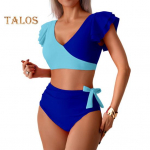 2 tk/komplekt Naiste bikiinikomplekt V-kaelusega volangvarrukatega rinnahoidja k&otilde;rge v&ouml;&ouml;kohaga ujumisp&uuml;ksikute komplekt kurvikas v&auml;ljal&otilde;ikega supelkost&uuml;&uuml;m ujumisriided S sinine