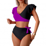 2 tk/komplekt Naiste bikiinikomplekt V-kaelusega volangvarrukatega rinnahoidja k&otilde;rge v&ouml;&ouml;kohaga ujumisp&uuml;ksikute komplekt kurvikas v&auml;ljal&otilde;ikega supelkost&uuml;&uuml;m ujumisriided S lilla