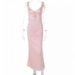 Euroopa ja Ameerika suvemood Seksikas V-kaelusega seotud ripatsiga kleit, varrukateta, seotud pika seelikuga naisteriided L roosa