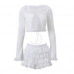 Naiste Seksikas Kaheosaline Miniseelikute Komplekt Madala V&ouml;&ouml;kohaga Volangidega Astmeline Seelik L&uuml;hike Pluus Pikkade Kellukatega Varrukatega Seotav L&uuml;hike Top Komplekt Peo Klubi Riietus M valge