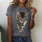 Suvised &uuml;mara kaelusega 3D kassipildiga pluusid, moodsad vabaaja l&uuml;hikeste varrukatega naiste T-s&auml;rgid XS