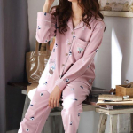 Naiste puuvillane pidžaamakomplekt S&uuml;gisene soliidne pikkade varrukatega pikad p&uuml;ksid magamisriided, 2-osaline komplekt naistele kodune lahtine &uuml;likond M