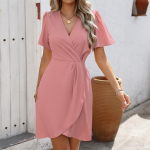 Kevadsuvi Naiste l&uuml;hikeste varrukatega V-kaelusega Slim Fit kleidid K&otilde;rge v&ouml;&ouml;koht Line &uuml;hev&auml;rviline Ebaregulaarne &uuml;heastmeline kleit S-XL S pink