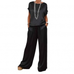 Naiste satiinist siidine kaheosaline komplekt vabaaja &uuml;mara kaelusega l&uuml;hikeste varrukatega laiade p&uuml;kste komplekt lahtine koduriietus kevadeks ja suveks L