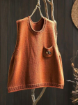 Johnature Naiste Vintage Pulloverid Kampsunid Vest Varrukateta &Uuml;mmarguse Kaelusega Kootud Pehme Patchwork Taskutega S&uuml;giskampsunid One Size oranž