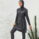 Naiste 3-osaline tumedast hallist tagasihoidlik burkini ujumiskost&uuml;&uuml;m koos hijabi, v&ouml;&ouml;kohaga pikkade varrukatega tuunika ja t&auml;ispikkade ujumisp&uuml;kstega L hall